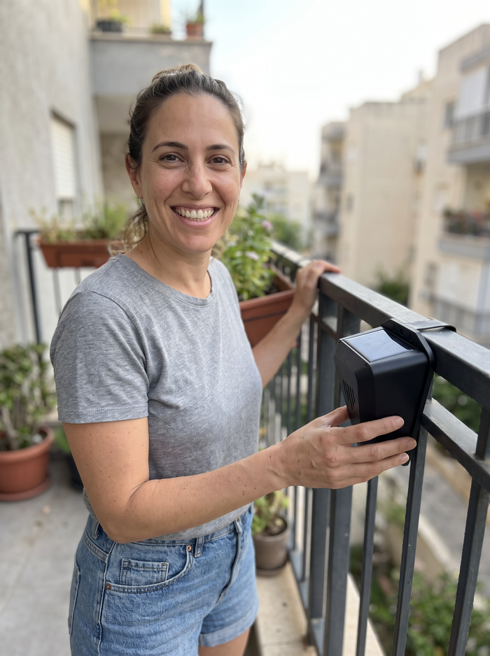 לקוחה מתקינה את המרחיק על מעקה המרפסת