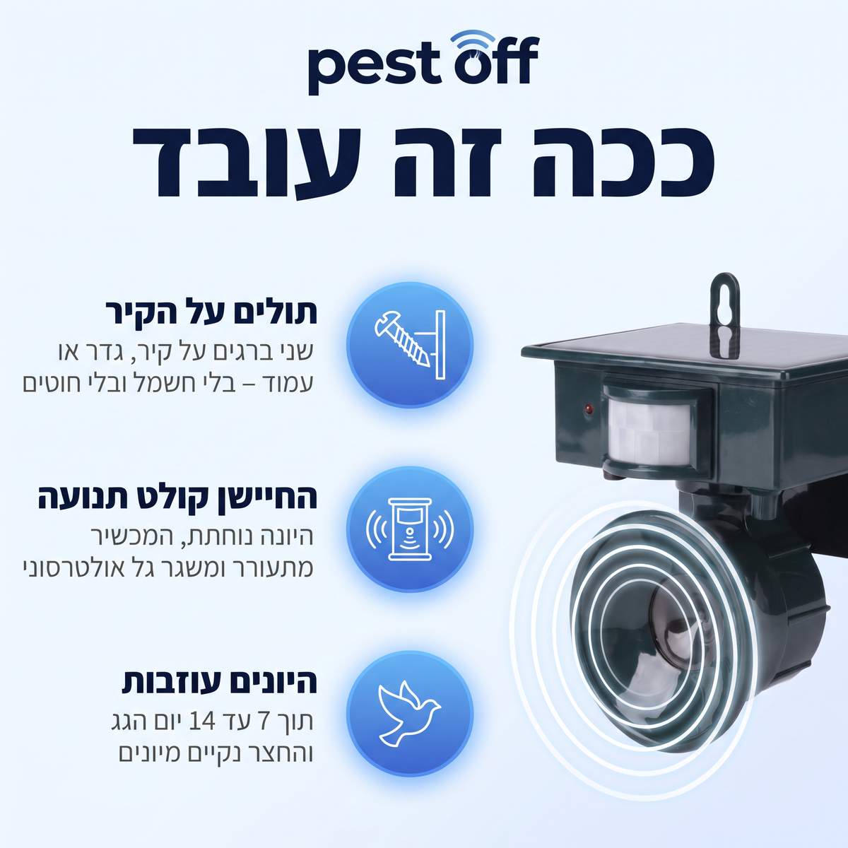 מרחיק יונים סולארי עם חיישן תנועה — לגג ולחצר