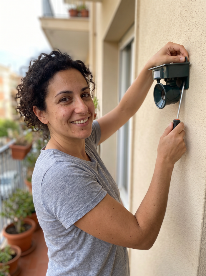 לקוחה מתקינה את המרחיק על קיר המרפסת